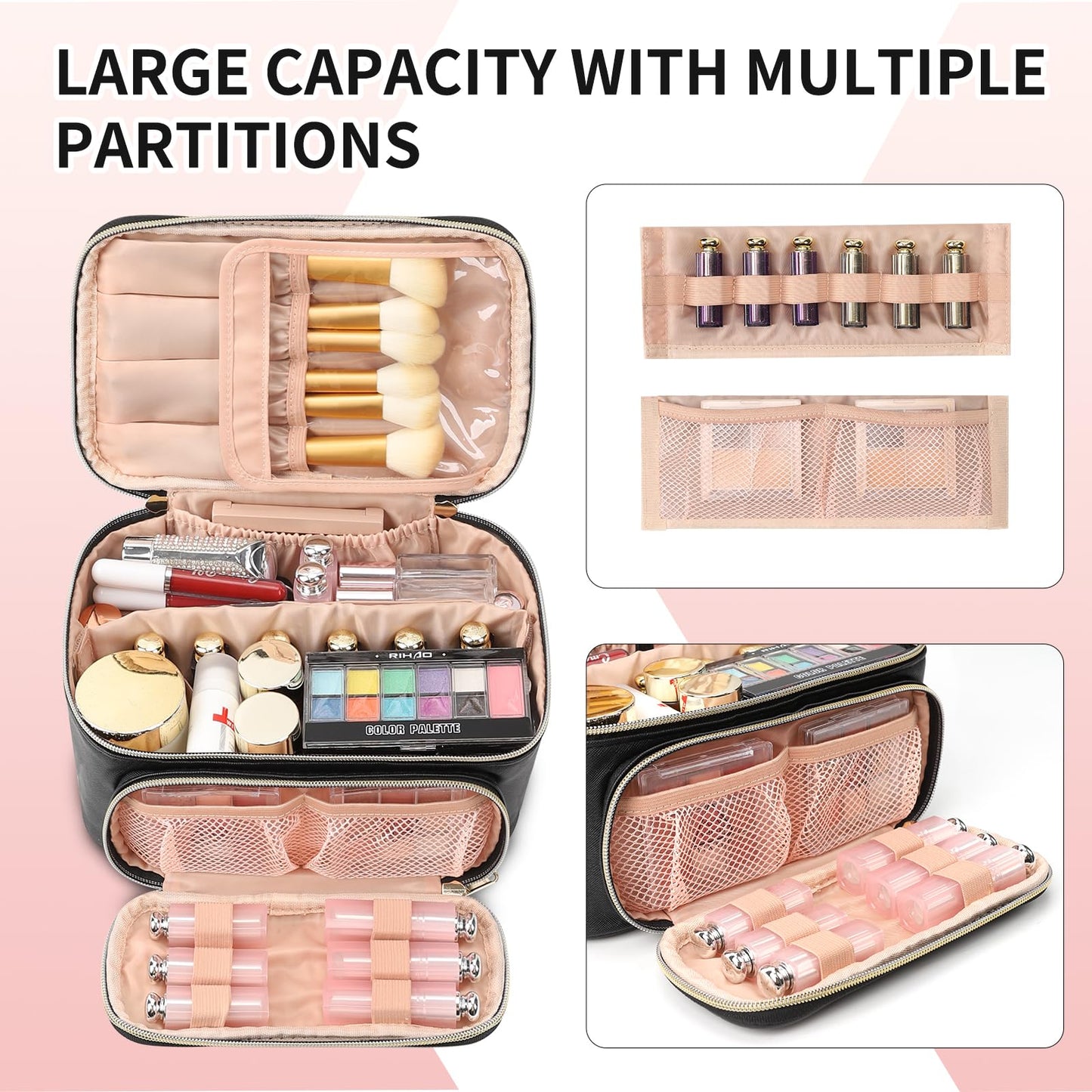 OCHEAL Makeup Bag, Portable Cosmetic Bag, Large Capacity Travel Makeup Case Organizer, Black For Women Toiletry Bag for Girls Traveling With Handle and Divider