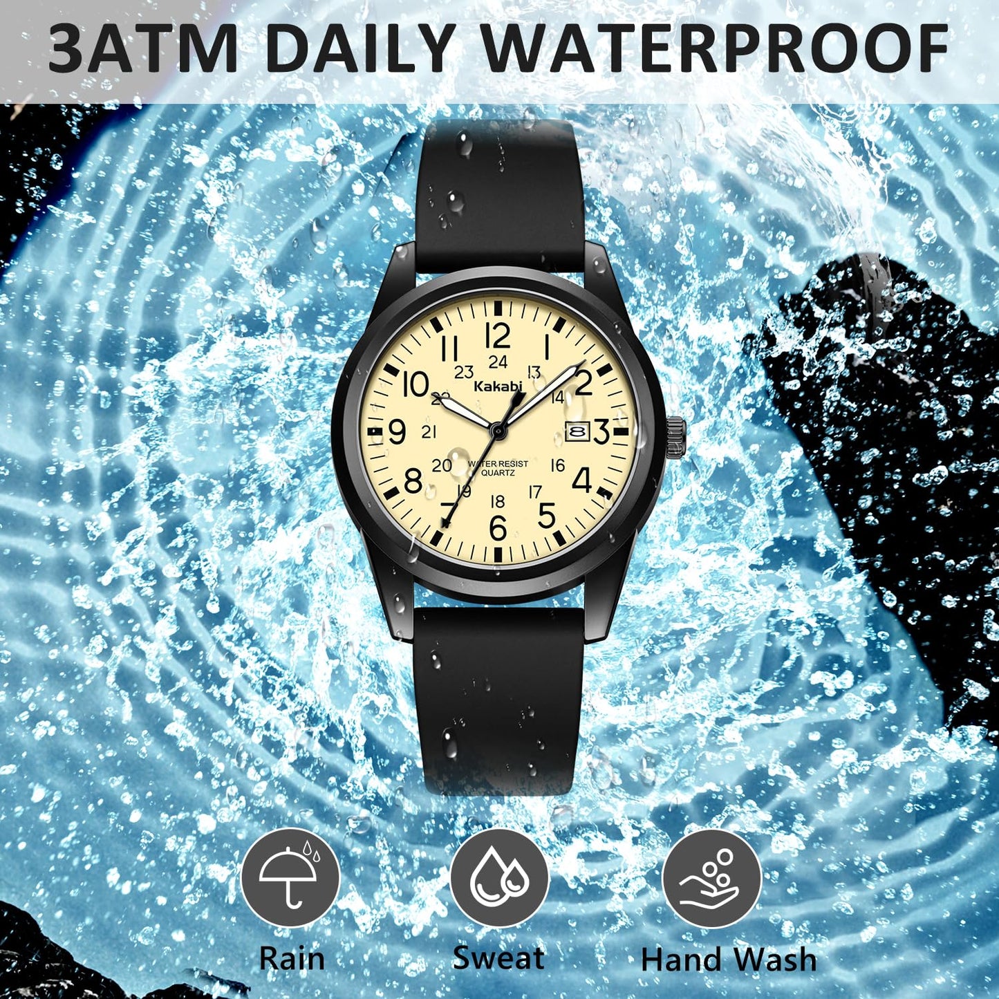 Men's Easy to Read Watch, Unisex Military Sport Analog Quartz Casual Wristwatch with Comfortable Silicone Strap, 24 Hour Time, 30M Water Resistance
