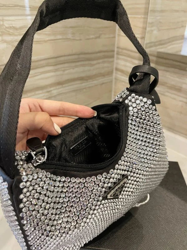 Prada Satin Mini Hobo Bag with Artificial Crystals