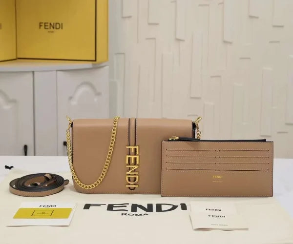 Fendi Brown Leather Messenger Bag With Metal Logo