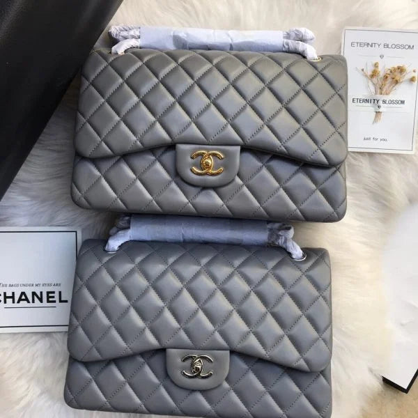 Chanel Classic Double Flap 30 Shoulder Bag Grey Golden Hardware