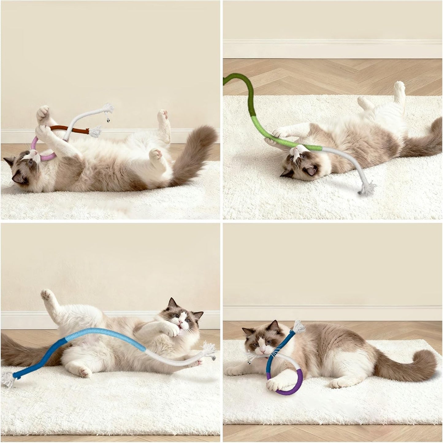 4 Pack Interactive Cat Chew Rope Toys - Durable Hand-Woven Cotton Teaser Sticks with Jingle Bells - Safe Teeth Cleaning & Teething Toys for Indoor Cats, Kittens, and Aggressive Chewers