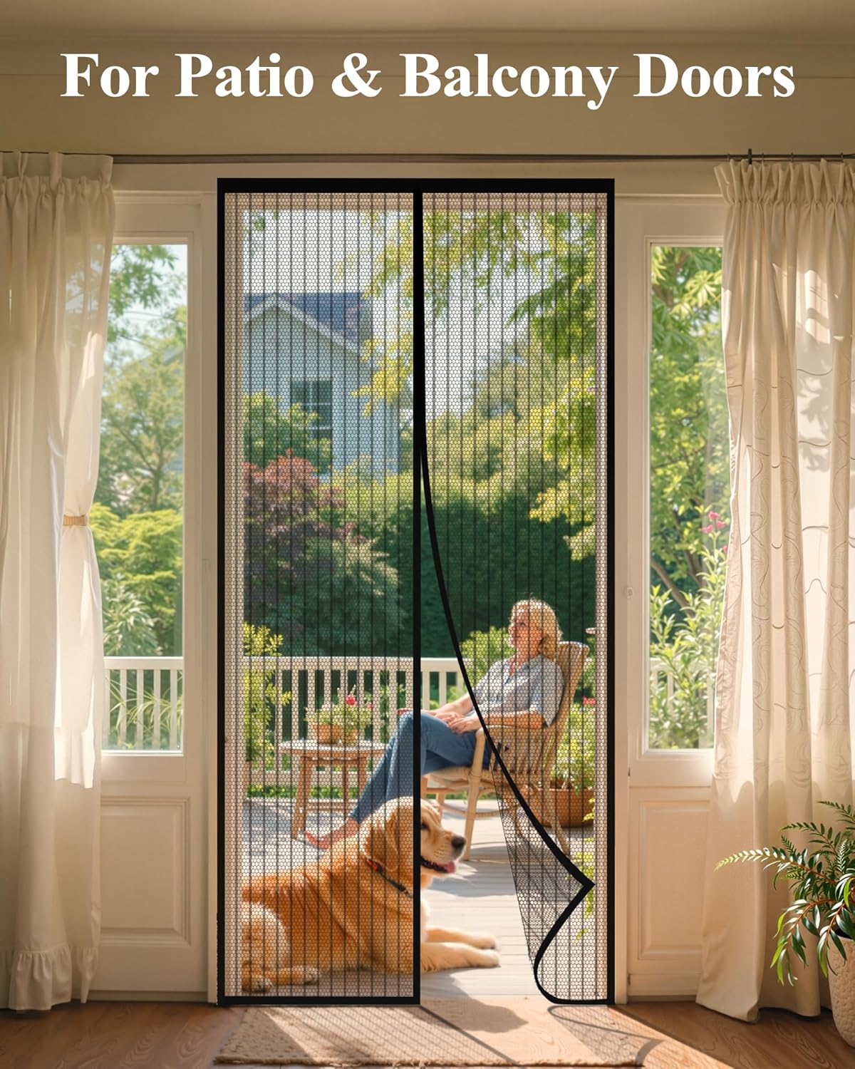Kitsure Magnetic Screen Door - 38.0'' x 82.0'' Retractable Screen Door Mesh for Entry Door or Sliding Door, Pet & Kid Friendly, Hands-Free Closure Keeps Bugs Out & Lets Breeze in, Stripe Black