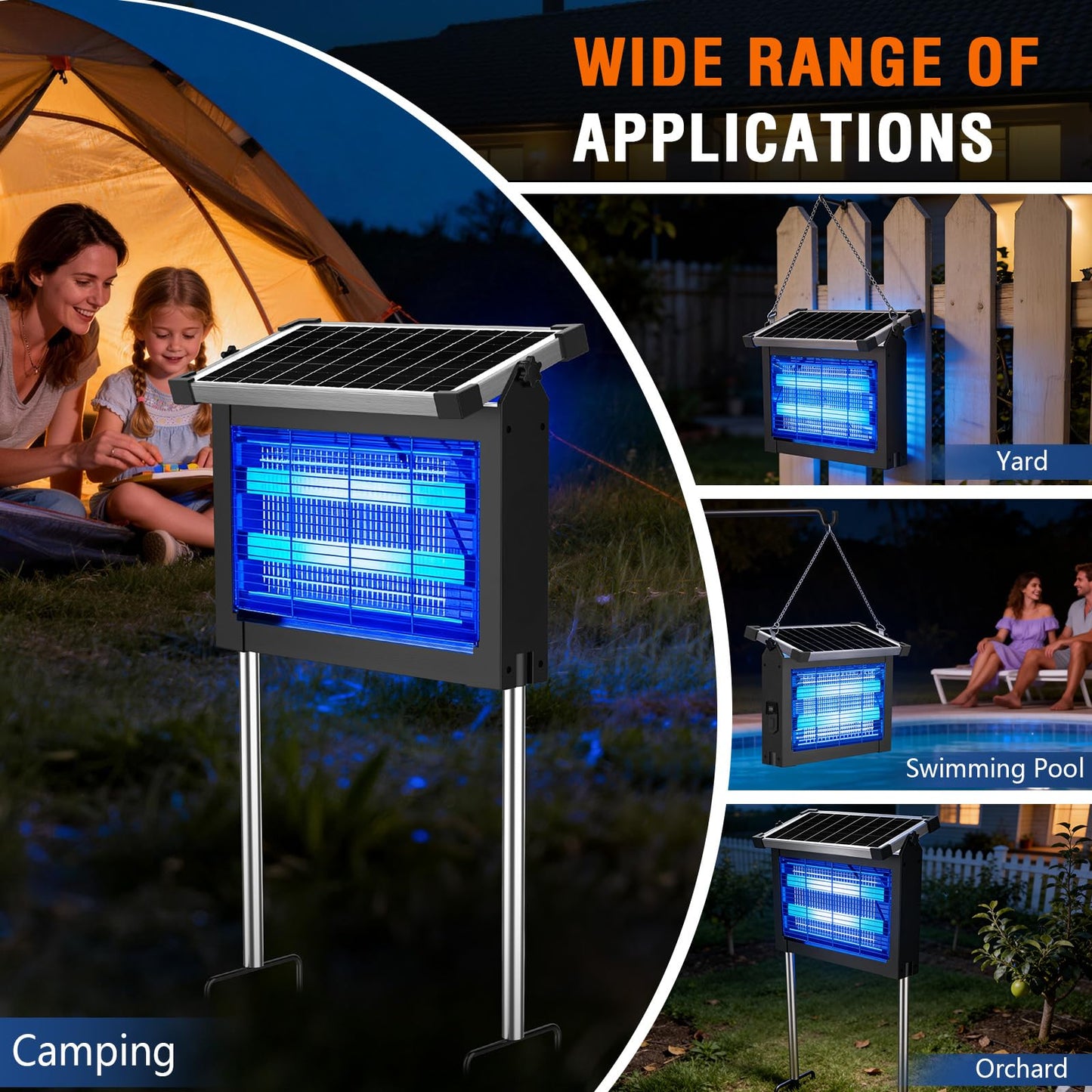 Solar Bug Zapper Outdoor Waterproof, Rechargeable Mosquito Zapper with Solar Panel Sensor, Auto ON/Off, 10ft Extension Cord & Solar Powered Bug Zapper, Cordless Insect Zap for Patio Yard Garden