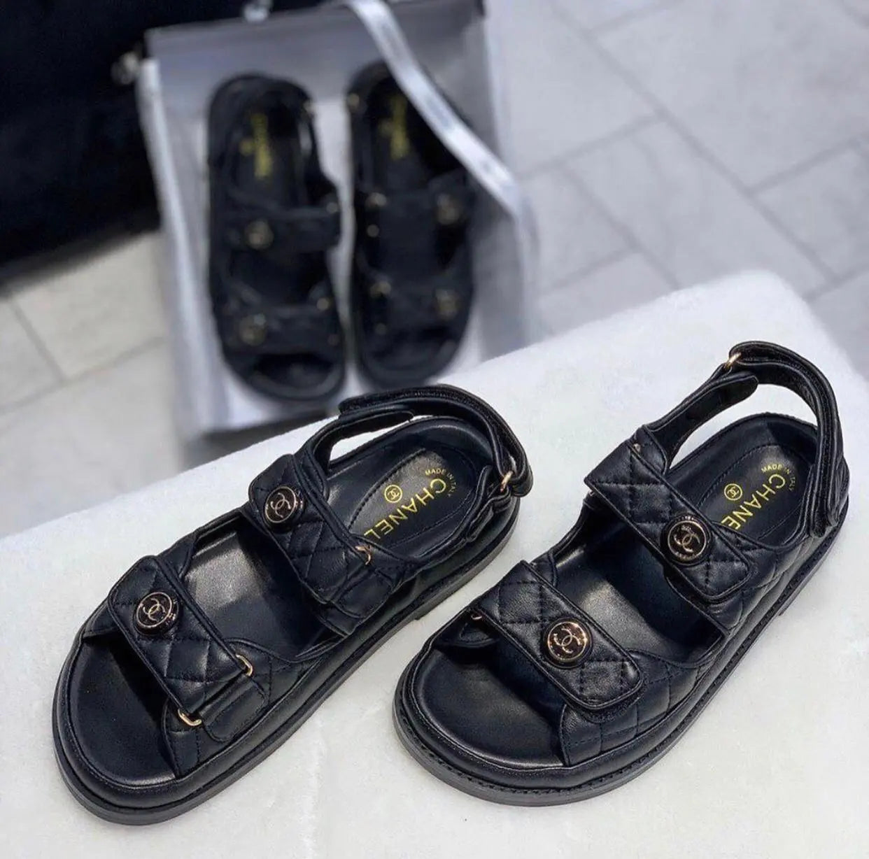 CHANEL Grained Calfskin Velcro White Dad Sandals