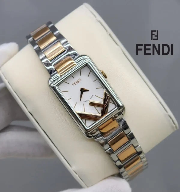 Fendi Rectangle Quartz Watch Stainless Steel and Plated Metal