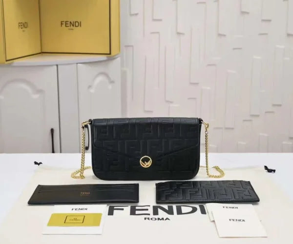 Fendi Chain Envelope Pouch In FF Motif Nappa Leather Brown/Black