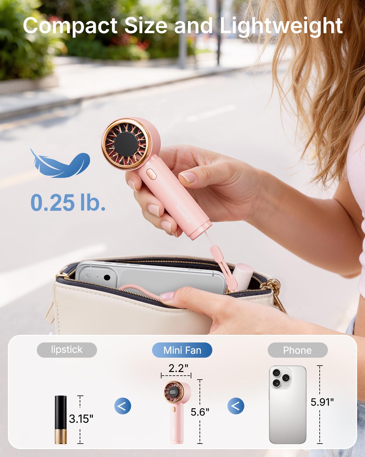 SWEETFULL Mini Fan Portable - Cute Handheld Turbo Fan with Rechargeable Battery, 5 Speeds, Small Hand Personal Travel Essentials for Women, Girls, Kids, Lash, Makeup - Pink