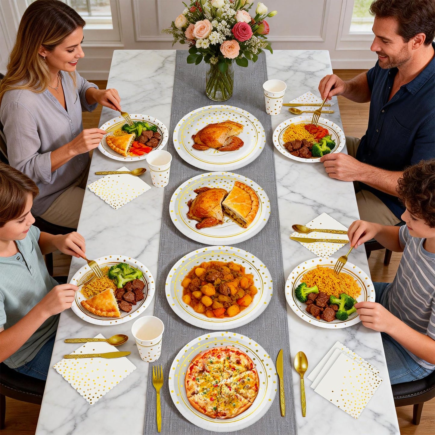 168 Pcs Paper Plates and Napkins Party Supplies, White and Gold Disposable Plates for 24 Guests, Golden Dot Party Plates, Napkins, Cups and Utensils Set for Birthday Wedding Graduation Party Decor