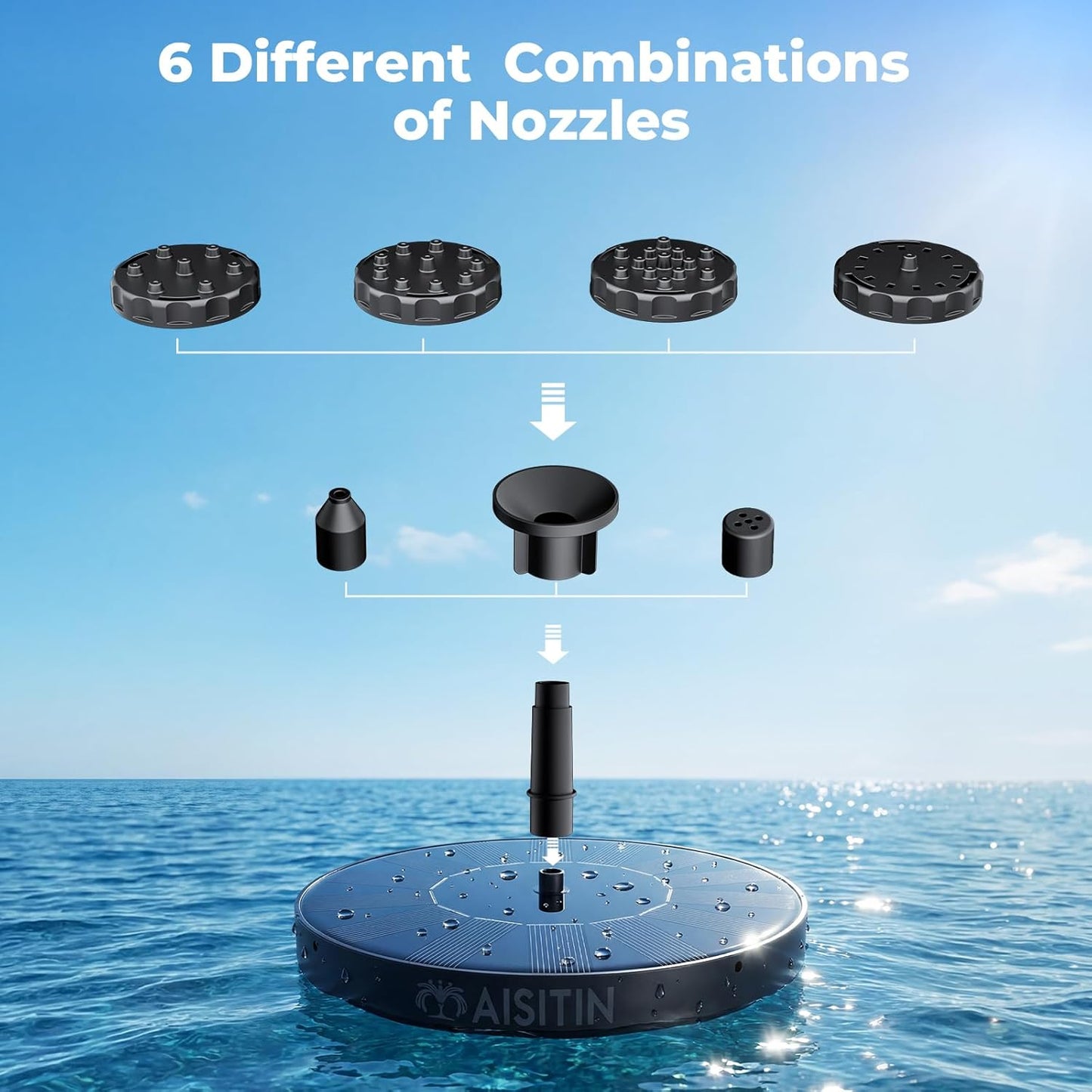 AISITIN Solar Bird Bath Fountain with 6 Nozzles, Solar Powered Floating Water Fountain Pump for Bird Bath, Pond, Pool, Garden, Fish Tank and Outdoor