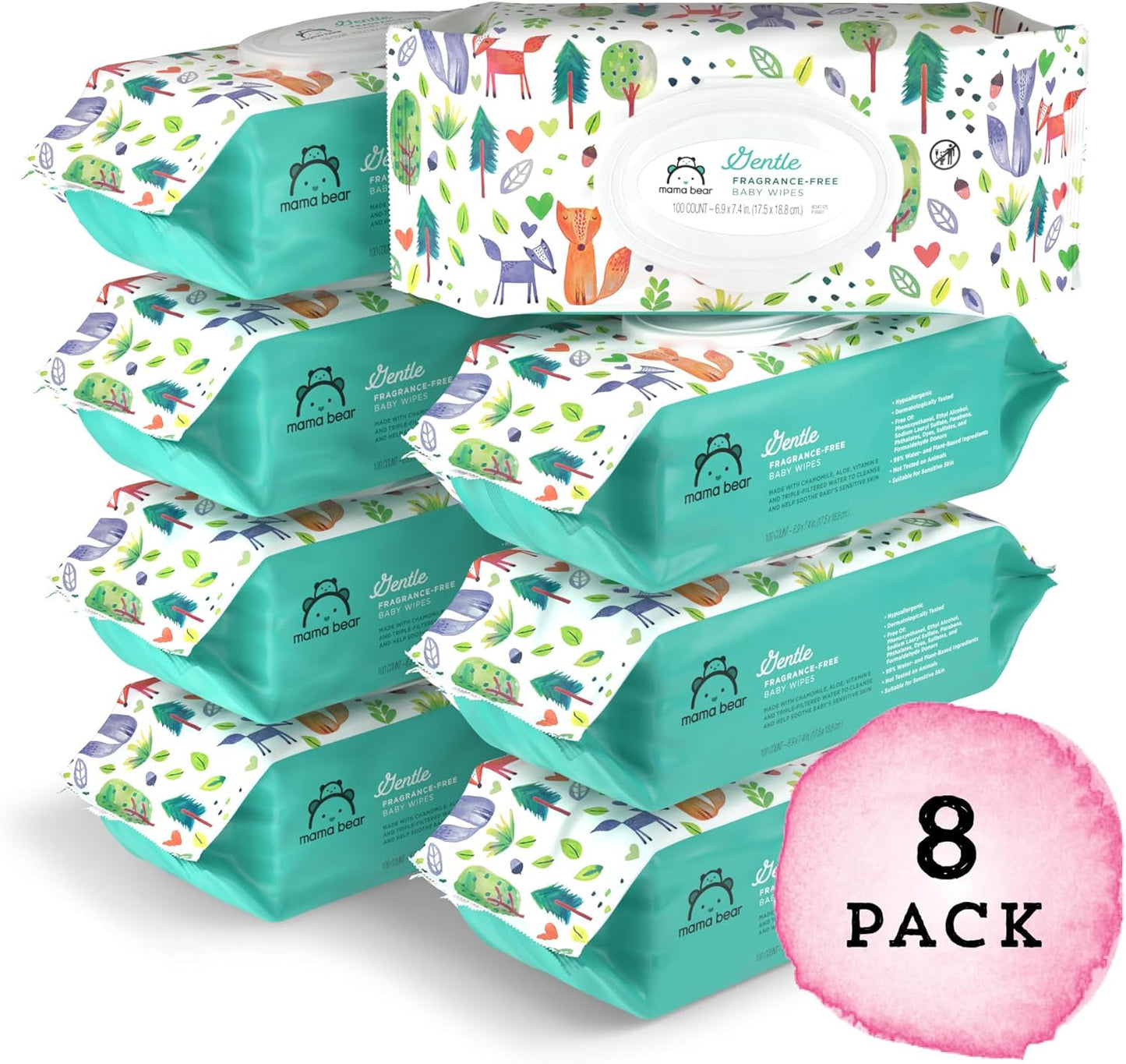 Mama Bear Gentle Formulated without Fragrance Baby Wipes, Hypoallergenic, Sensitive Skin, Unscented, 800 Count (8 Packs of 100)