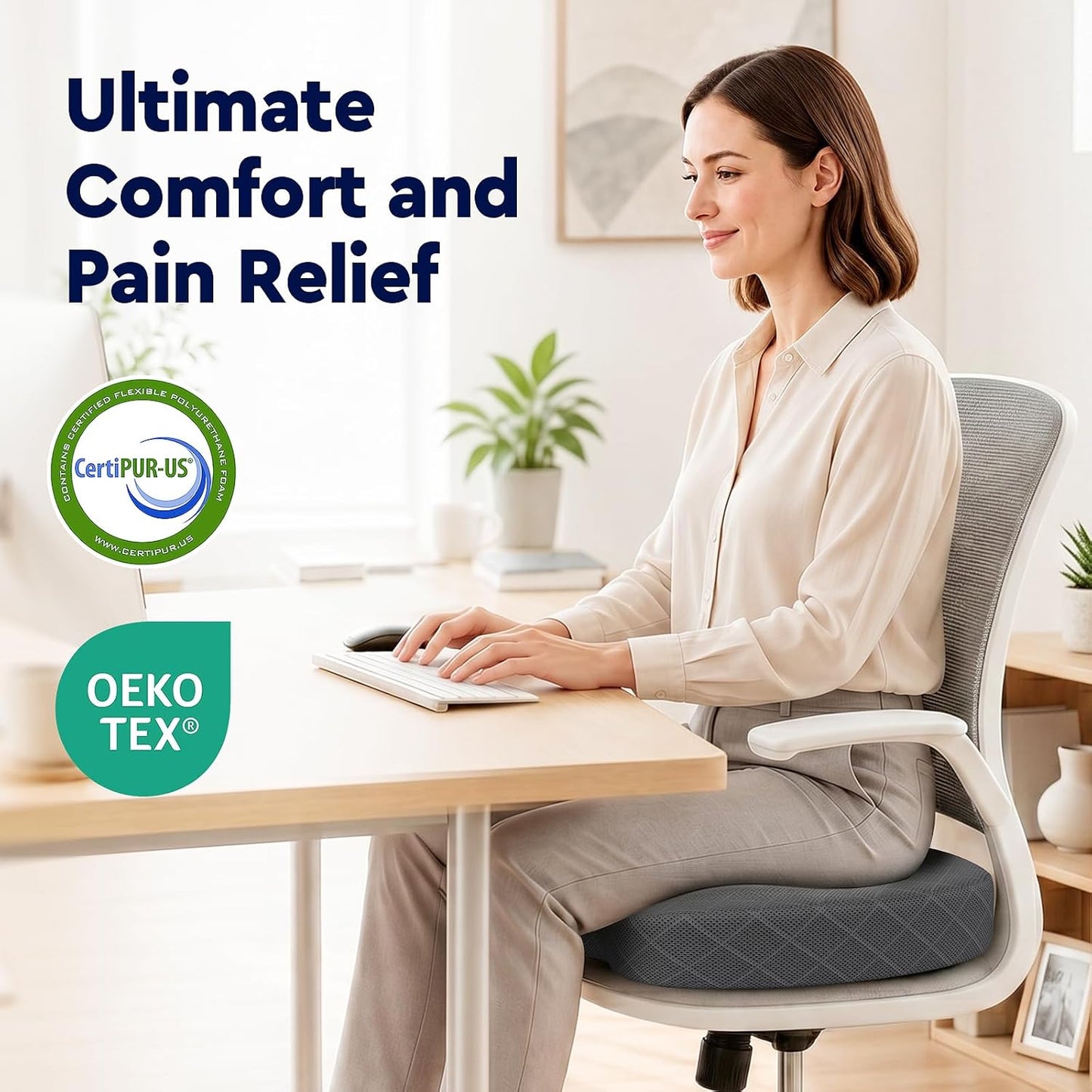 Seat Cushion - Memory Foam Sitting Pillow for Office Chair, Car Seat, Airplane, Bleacher - Sciatica & Hip & Coccyx Pain Relief Desk Chair Cushion for Long Sitting Office Workers, Car Drivers