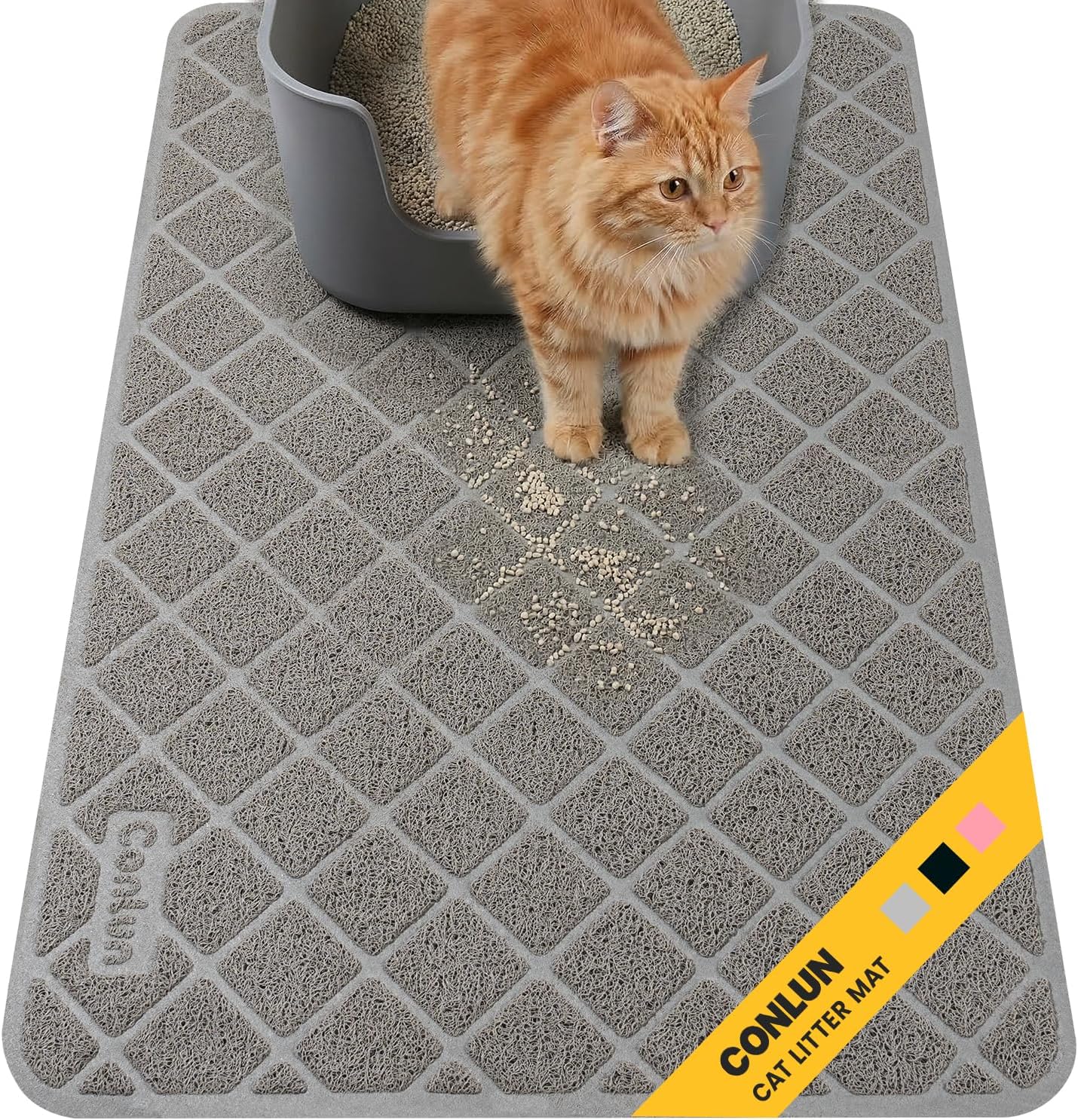 Conlun Cat Litter Mat Litter Trapping Mat, Premium Durable PVC Grid Mesh with Scatter Control, Non-slip, Less Waste Cat Litter Box Mat, Soft on Kitty’s Paws, Urine Waterproof, 24" x 17" Grey