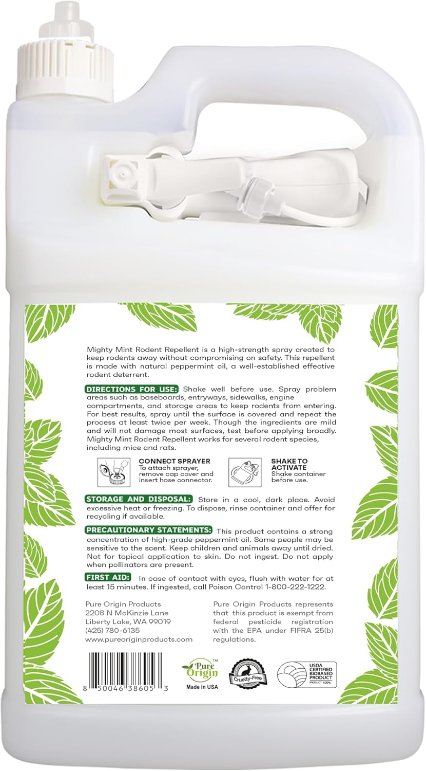 Mighty Mint Peppermint Oil Rodent Repellent Spray with Microfiber Cloth – Natural Indoor & Outdoor Control for Mice and Rats – Plant-Based, Extra-Strong Formula - 1 Gallon (128 oz)