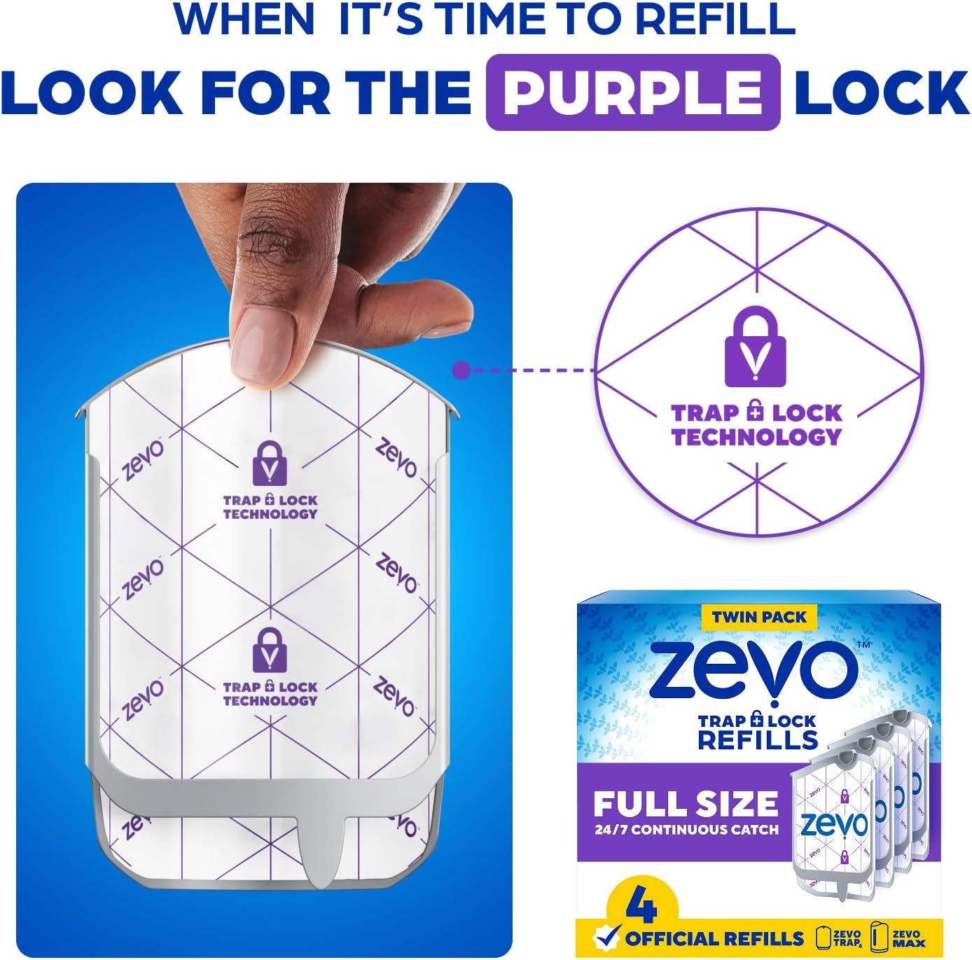 Zevo Flying Insect Trap Official Refill Cartridges - Fits Both Zevo Trap & MAX Indoor Fly Trap - Authentic Trap+Lock Technology to Catch Gnats, House & Fruit Flies (4 Official Refill Cartridges)