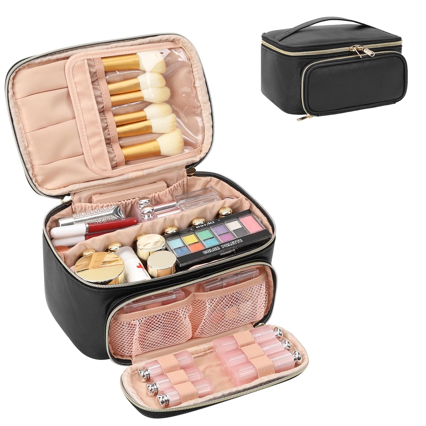 OCHEAL Makeup Bag, Portable Cosmetic Bag, Large Capacity Travel Makeup Case Organizer, Black For Women Toiletry Bag for Girls Traveling With Handle and Divider