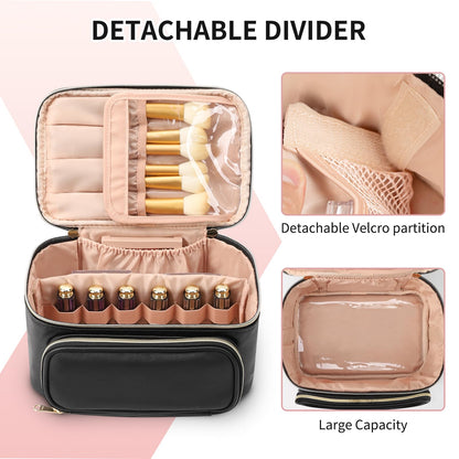 OCHEAL Makeup Bag, Portable Cosmetic Bag, Large Capacity Travel Makeup Case Organizer, Black For Women Toiletry Bag for Girls Traveling With Handle and Divider