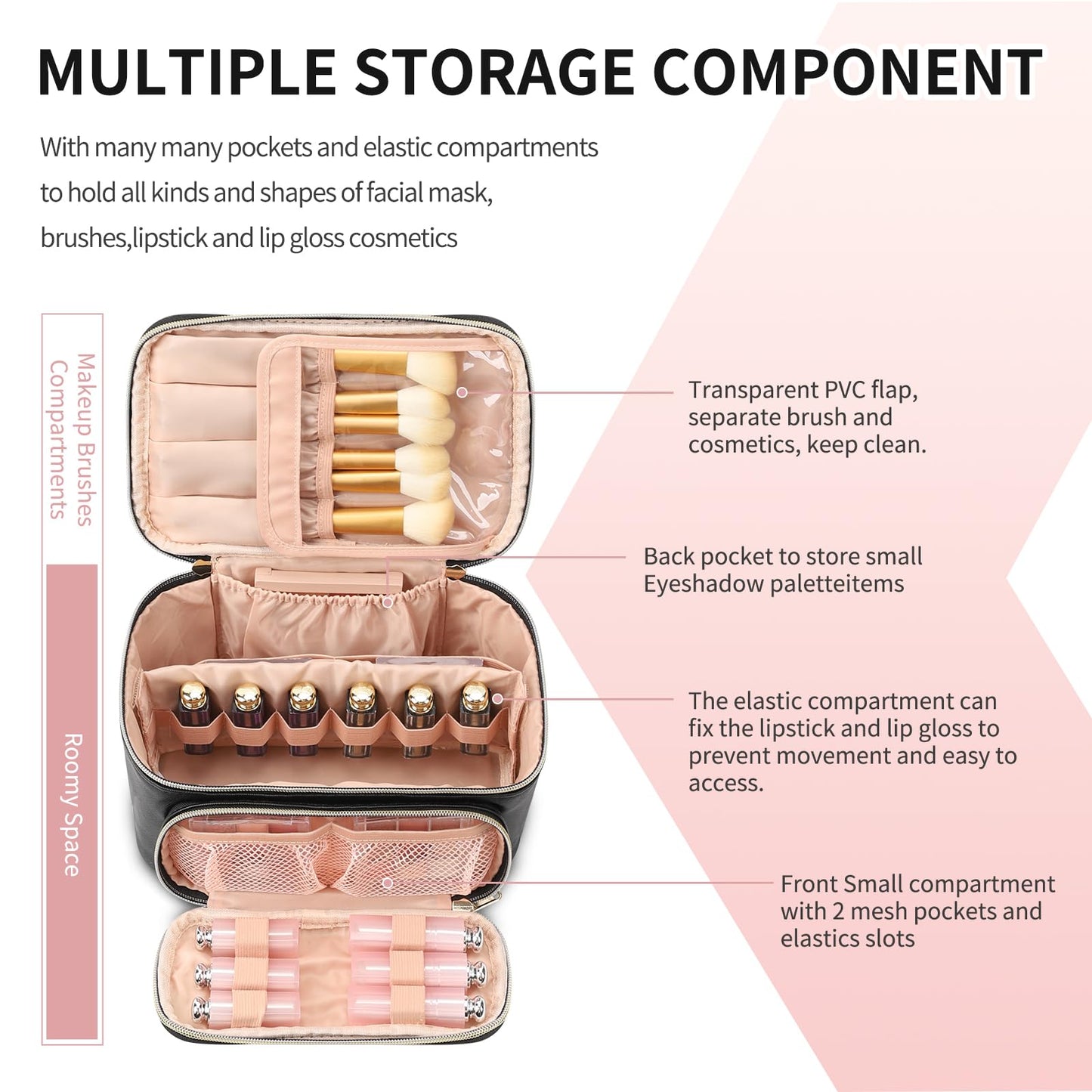 OCHEAL Makeup Bag, Portable Cosmetic Bag, Large Capacity Travel Makeup Case Organizer, Black For Women Toiletry Bag for Girls Traveling With Handle and Divider