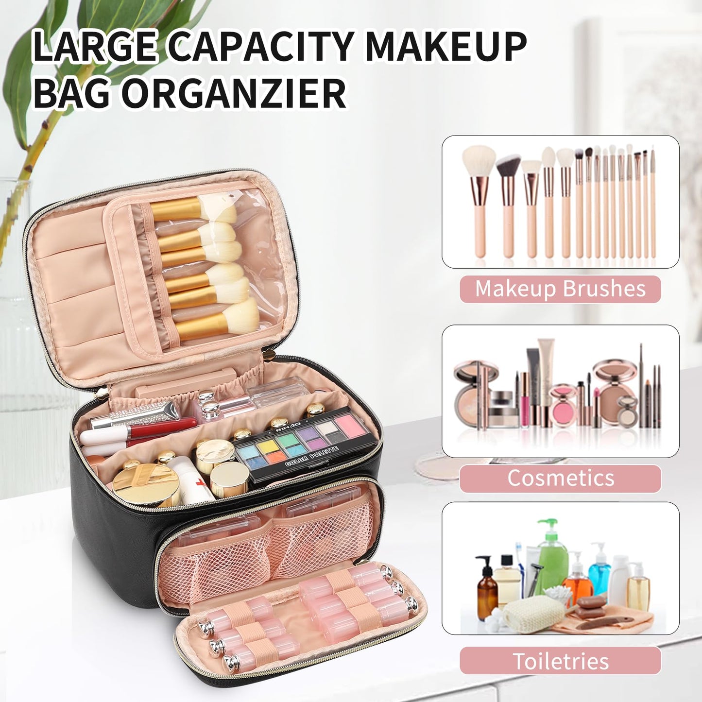 OCHEAL Makeup Bag, Portable Cosmetic Bag, Large Capacity Travel Makeup Case Organizer, Black For Women Toiletry Bag for Girls Traveling With Handle and Divider