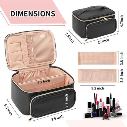 OCHEAL Makeup Bag, Portable Cosmetic Bag, Large Capacity Travel Makeup Case Organizer, Black For Women Toiletry Bag for Girls Traveling With Handle and Divider