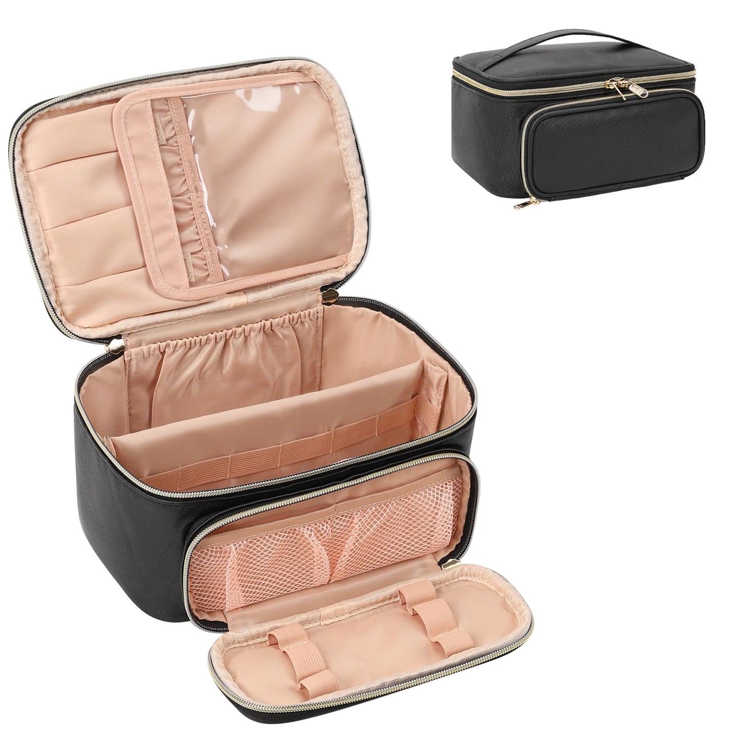 OCHEAL Makeup Bag, Portable Cosmetic Bag, Large Capacity Travel Makeup Case Organizer, Black For Women Toiletry Bag for Girls Traveling With Handle and Divider