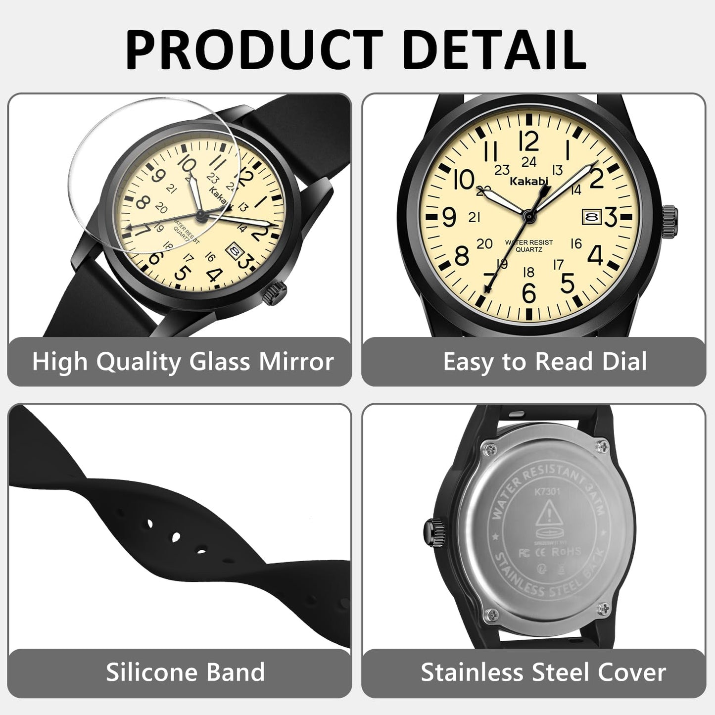 Men's Easy to Read Watch, Unisex Military Sport Analog Quartz Casual Wristwatch with Comfortable Silicone Strap, 24 Hour Time, 30M Water Resistance