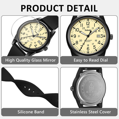 Men's Easy to Read Watch, Unisex Military Sport Analog Quartz Casual Wristwatch with Comfortable Silicone Strap, 24 Hour Time, 30M Water Resistance