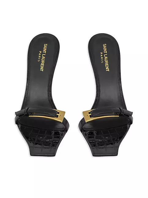 YSL Lee Crocodile-Embossed Leather Mules