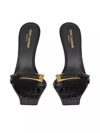 YSL Lee Crocodile-Embossed Leather Mules