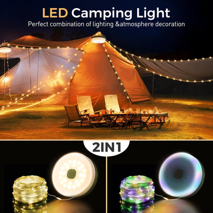 Camping String Lights, 32.8FT Rechargeable Camping Lights with Quick Storage Reel, 8 Modes Waterproof Hanging LED Camping Lights for Tent, RV Awning, Patio and Outdoor Camping Gear Essentials