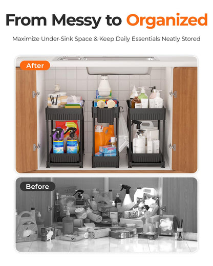 3-Pack 2-Tier Under Sink Organizers with Sliding Drawers | Multi-use kitchen & bathroom storage, 12.8 inch black cabinet organizer, space-saving sliding drawer design.