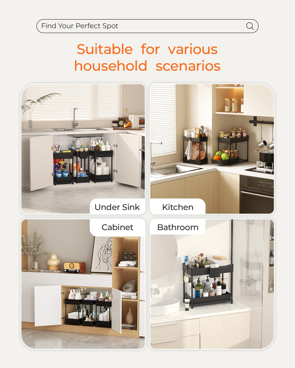 3-Pack 2-Tier Under Sink Organizers with Sliding Drawers | Multi-use kitchen & bathroom storage, 12.8 inch black cabinet organizer, space-saving sliding drawer design.