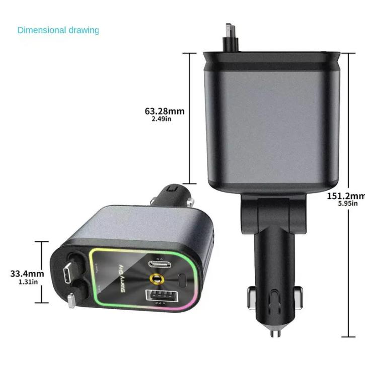 Car Charger with Starlight 4 in 1 Retractable 66W USB C Fast Charging for iPhone 12 13 14 15 16 17 & Android Devices with 2 USB Ports and 180-Degree Plug