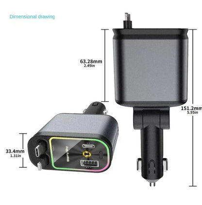 Car Charger with Starlight 4 in 1 Retractable 66W USB C Fast Charging for iPhone 12 13 14 15 16 17 & Android Devices with 2 USB Ports and 180-Degree Plug