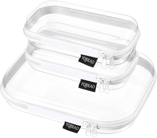 YQBRAO Clear Hard Shell Organizer Cases, 3-Pack, White | Rigid 1.2 mm clear PET organizers with multi-size design for travel, home storage, and everyday essentials.