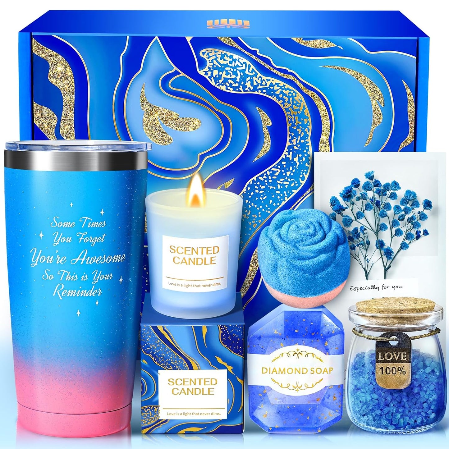 Gifts for Women, Luxury Birthday Gifts for Mom Sister Girlfriend Grandma Bestie Daughter Her, Self Care Relaxing Spa Gift Basket, Care Package, Anniversary Gift Set(Blue)