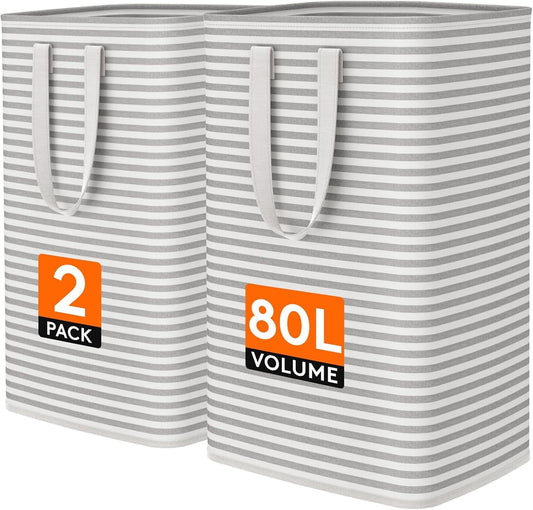 Lifewit 2 Pack Laundry Basket 80L Each, Collapsible Clothes Hamper with Reinforced Handles, Freestanding Waterproof Design for Bedroom and Laundry Room, Grey 160L Total