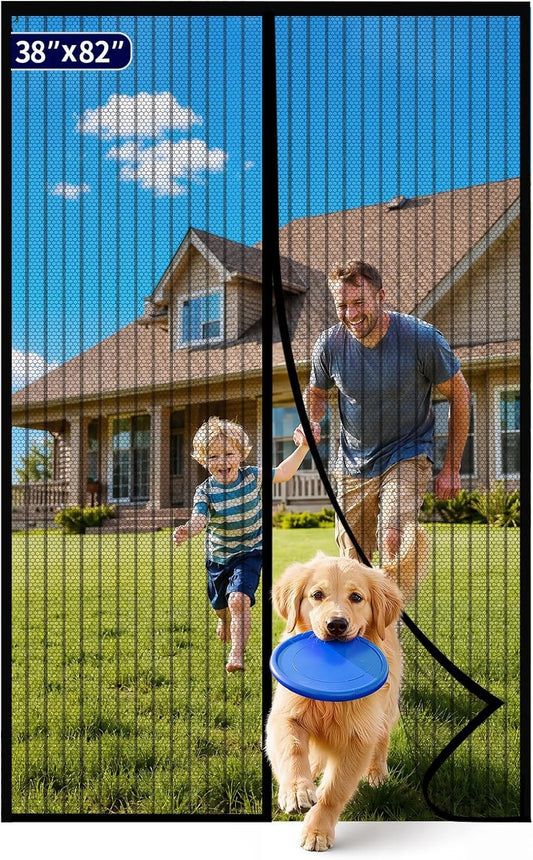 Kitsure Magnetic Screen Door - 38.0'' x 82.0'' Retractable Screen Door Mesh for Entry Door or Sliding Door, Pet & Kid Friendly, Hands-Free Closure Keeps Bugs Out & Lets Breeze in, Stripe Black