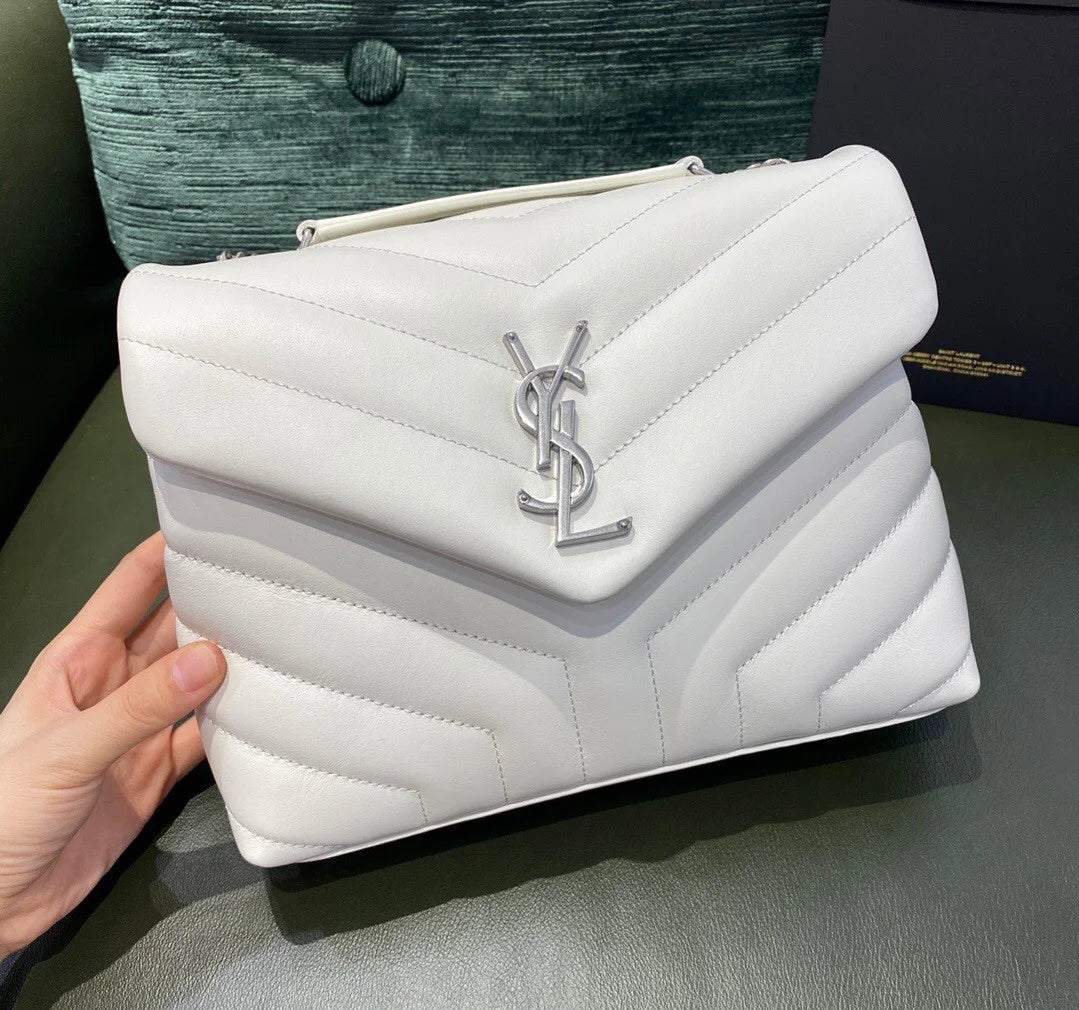 YSL Loulou Small in Matelass茅 鈥淵鈥� Leather Bag White