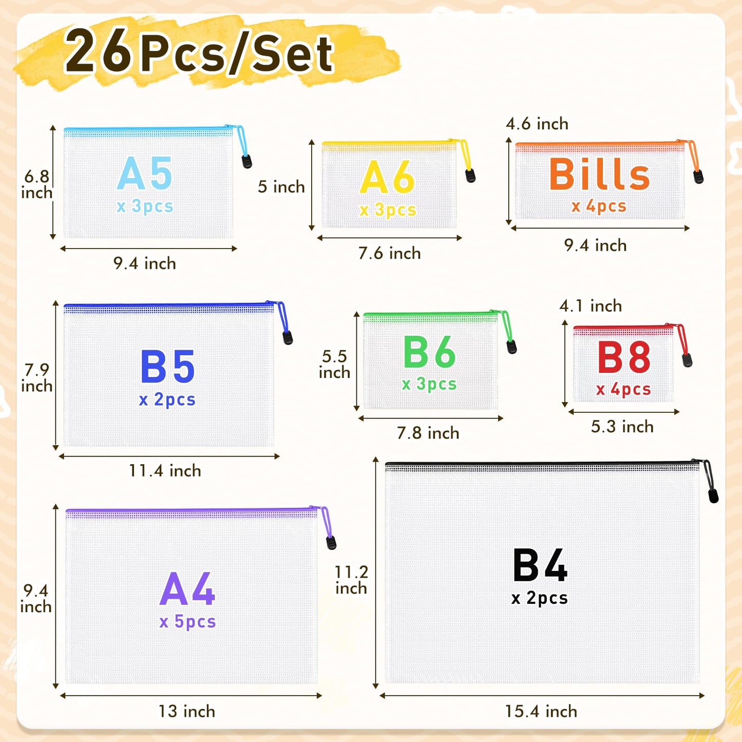 26pcs Mesh Zipper Pouch Bags, 8 Sizes Plastic Zippered Storage Bags for Organizing, Clear Pouches with Zipper, Waterproof Mesh Pouch for Office Supplies, Home Organize, Travel Storage