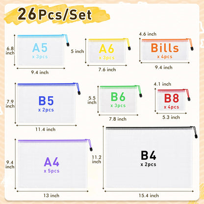 26pcs Mesh Zipper Pouch Bags, 8 Sizes Plastic Zippered Storage Bags for Organizing, Clear Pouches with Zipper, Waterproof Mesh Pouch for Office Supplies, Home Organize, Travel Storage