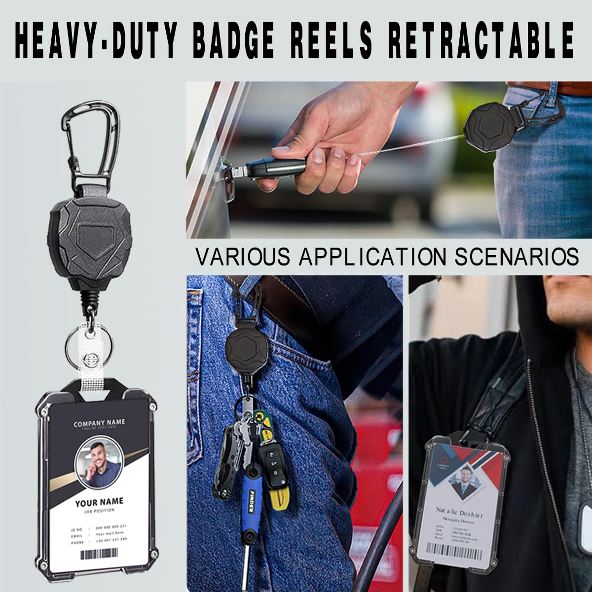 Badge Holder Retractable Clip Heavy Duty Carabiner Badge Reel Keychain with Lanyard ID Cards Holder Cool Tactical ID Holder