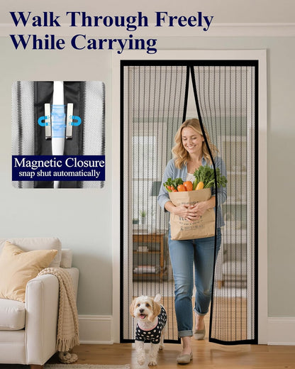 Kitsure Magnetic Screen Door - 38.0'' x 82.0'' Retractable Screen Door Mesh for Entry Door or Sliding Door, Pet & Kid Friendly, Hands-Free Closure Keeps Bugs Out & Lets Breeze in, Stripe Black