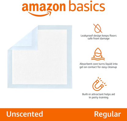 Amazon Basics Leak-Proof Dog and Puppy Potty Training Pee Pads with Quick-Dry 5-Layer Super Absorbent Surface for Dog Training, Floor Protection, Regular Size 22x22", Blue & White, 50 Count