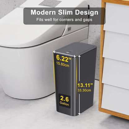 N. NETDOT 3 Pack 10 Liter Small Trash Can with lid, 2.6 Gallon,Garbage Can Slim Trash Bin Waste Basket for Bathroom,Kitchen,Bedroom,Living Room,Office,Laundry - Black