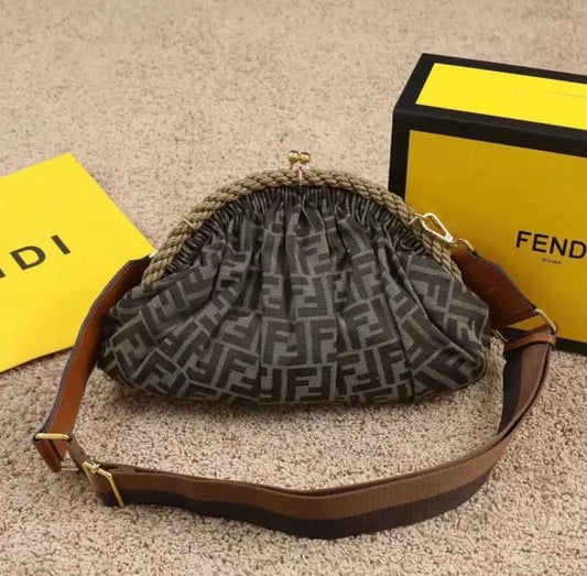 FF Fabric Jacquard Braided Shell Clutch Tobacco Bag