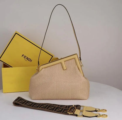 Fendi First Small Beige Raffia Macrame Bag