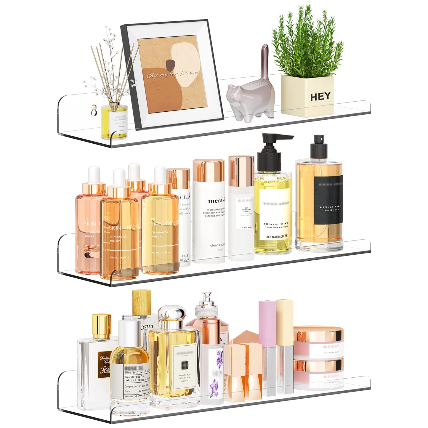 Floating Shelves for Wall Decor, 15" Extra Clear Wall Shelves for Bedroom, Living Room, Kitchen, Bathroom Decor, Nail Polish/Book/Decoration/Makeup/Perfume Organizer Floating Shelf-3Pack