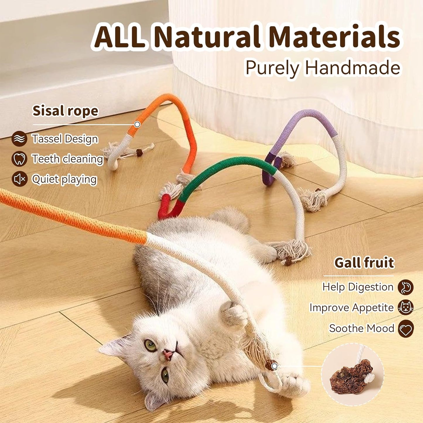 Cat Toys for Indoor Cats, Chew Ropes 3Pcs & Silvervine Stick 1Pcs with Gall Fruit, Refillable Catnip, Interactive Kitten Toys & Teething Toys, Safe Teeth Cleaning for All Breeds (19.5 Inches)