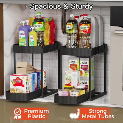 Ukeetap 2 Pack Multi-Purpose Pull-Out Storage Organizers, Under Sink Organizers and Storage for Bathroom & Kitchen, Under Cabinet Organizers and storage, 14.8 Inch, Black